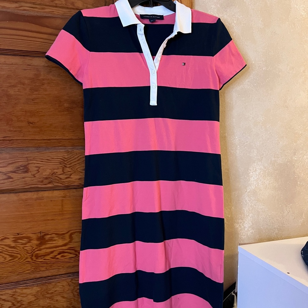 Tommy Hilifiger Y2K Preppy Americana Polo T-Shirt Pink/Navy Stripe Dress Size XS